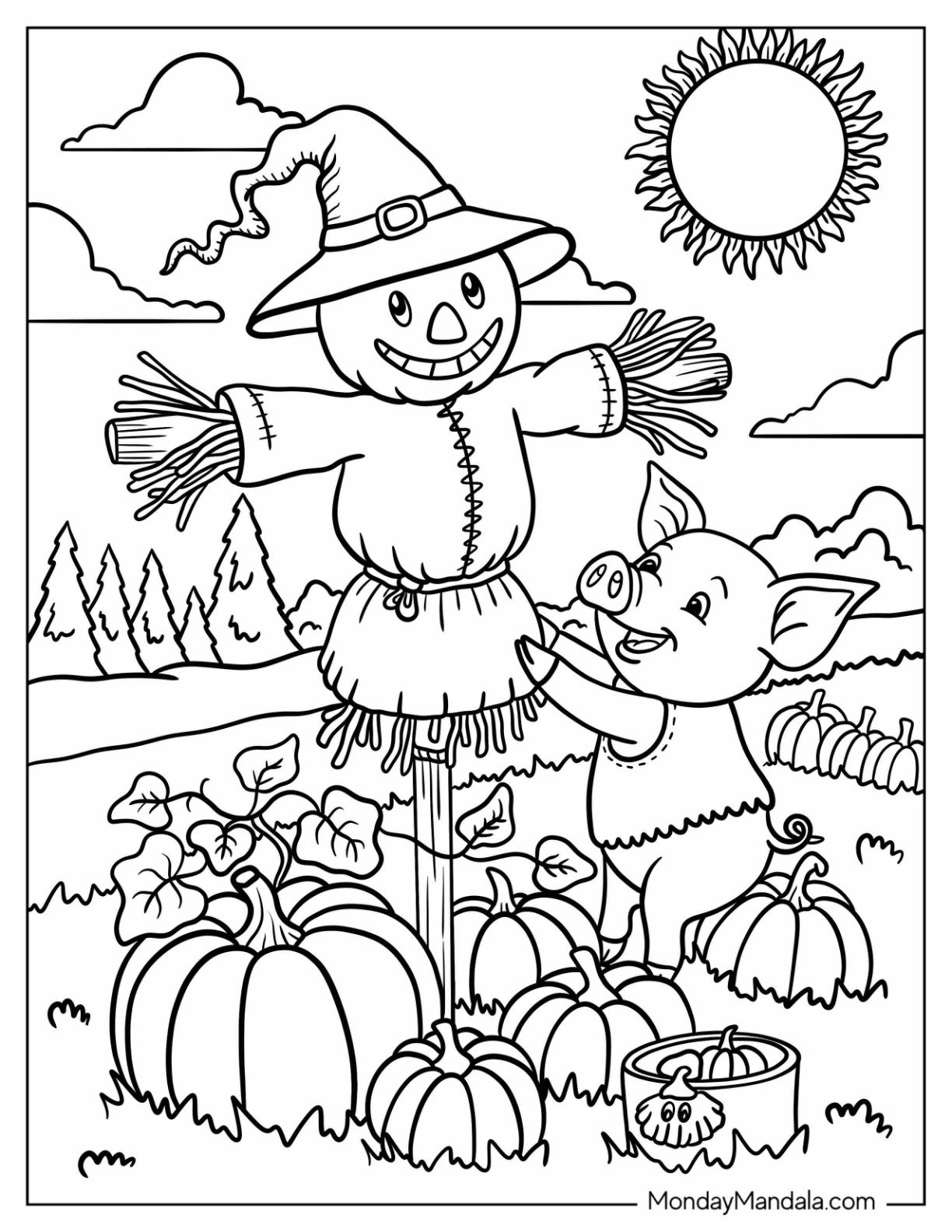 Pig Coloring Page Stuffing a Scarecrow on a Sunny Day
