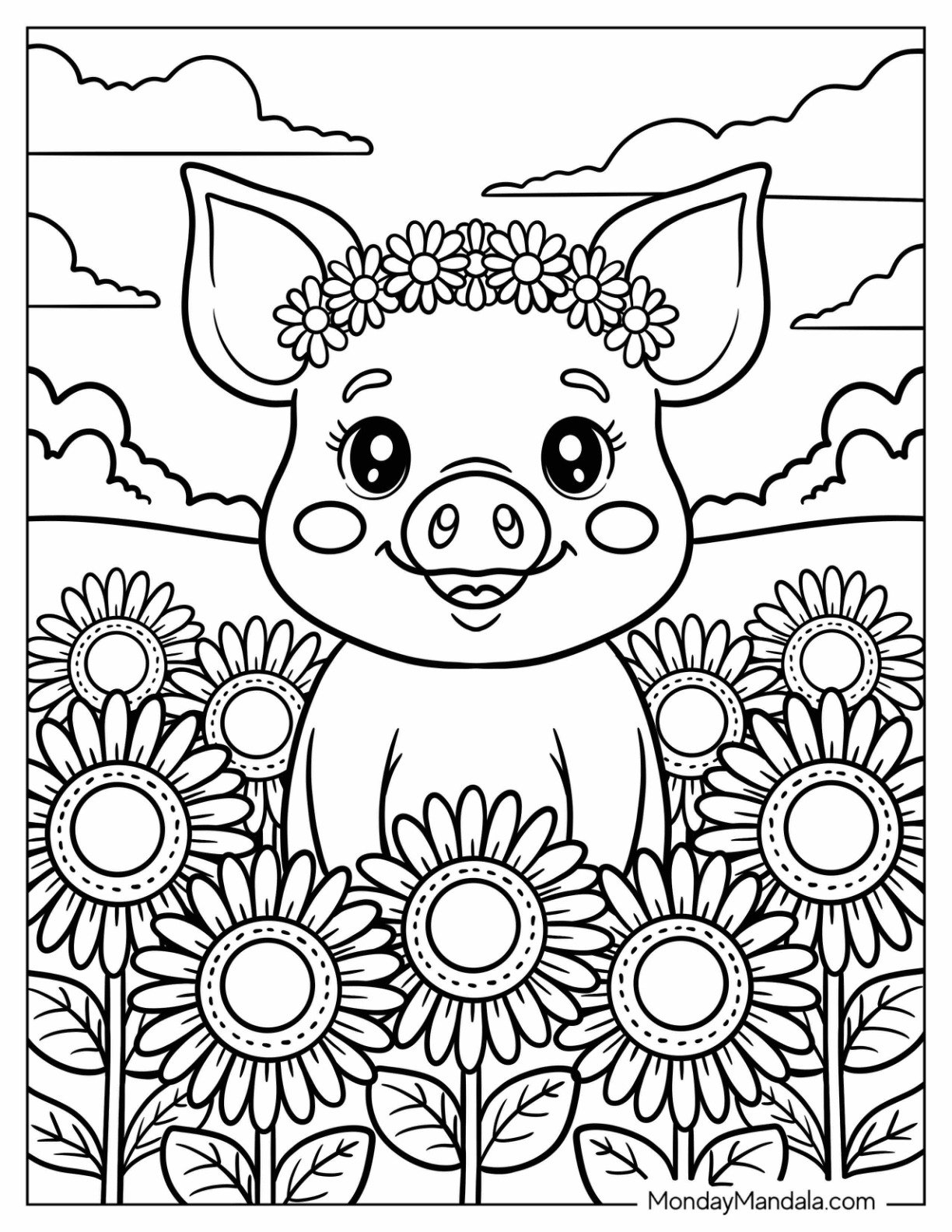 Pig Coloring Page with Flower Crown Standing Among Sunflowers for Kids