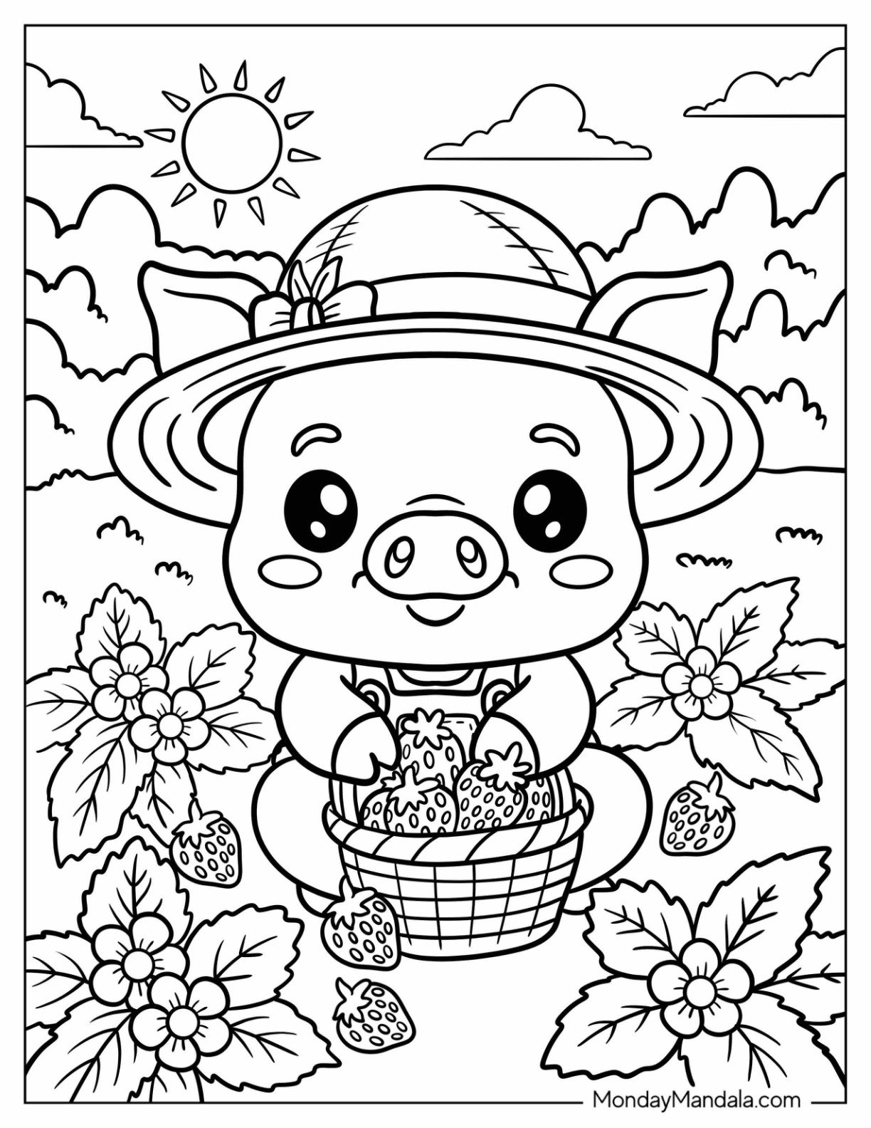 Pig Coloring Page with Sunhat Harvesting Sunflowers in a Basket