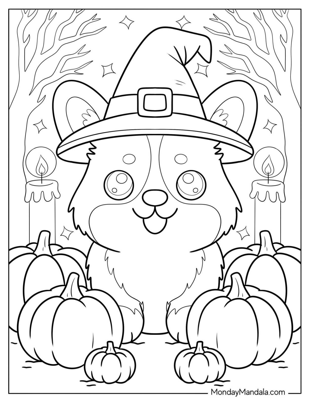 Pilgrim Corgi Coloring Page with Pumpkins and Candles