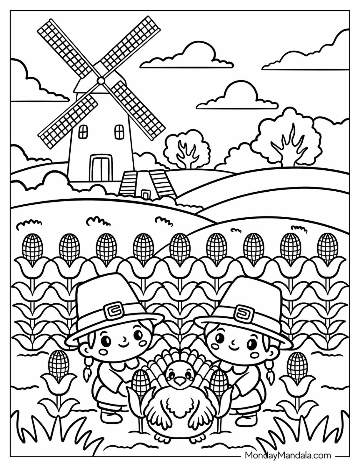Thanksgiving Coloring Page of Pilgrim Kids Holding Turkey in a Cornfield by the Windmill for Kids