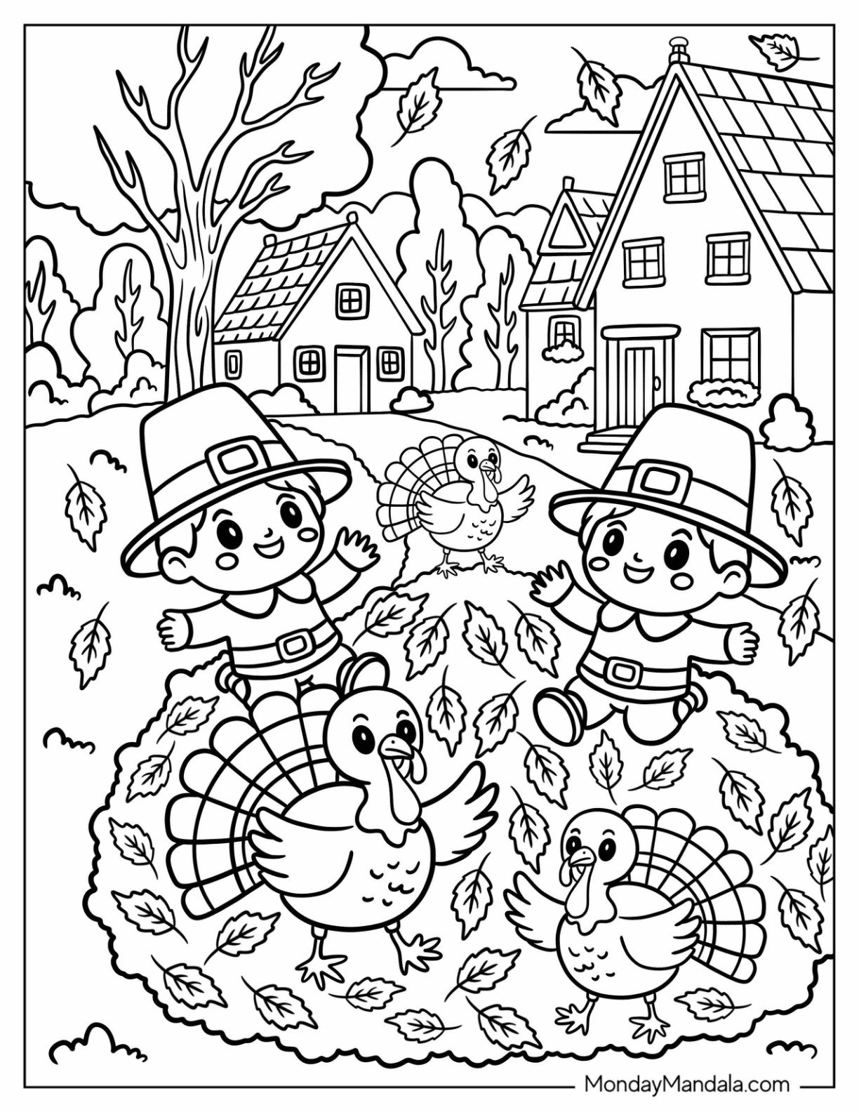 Thanksgiving Coloring Page of Pilgrim Kids Playing in Autumn Leaves with Turkeys