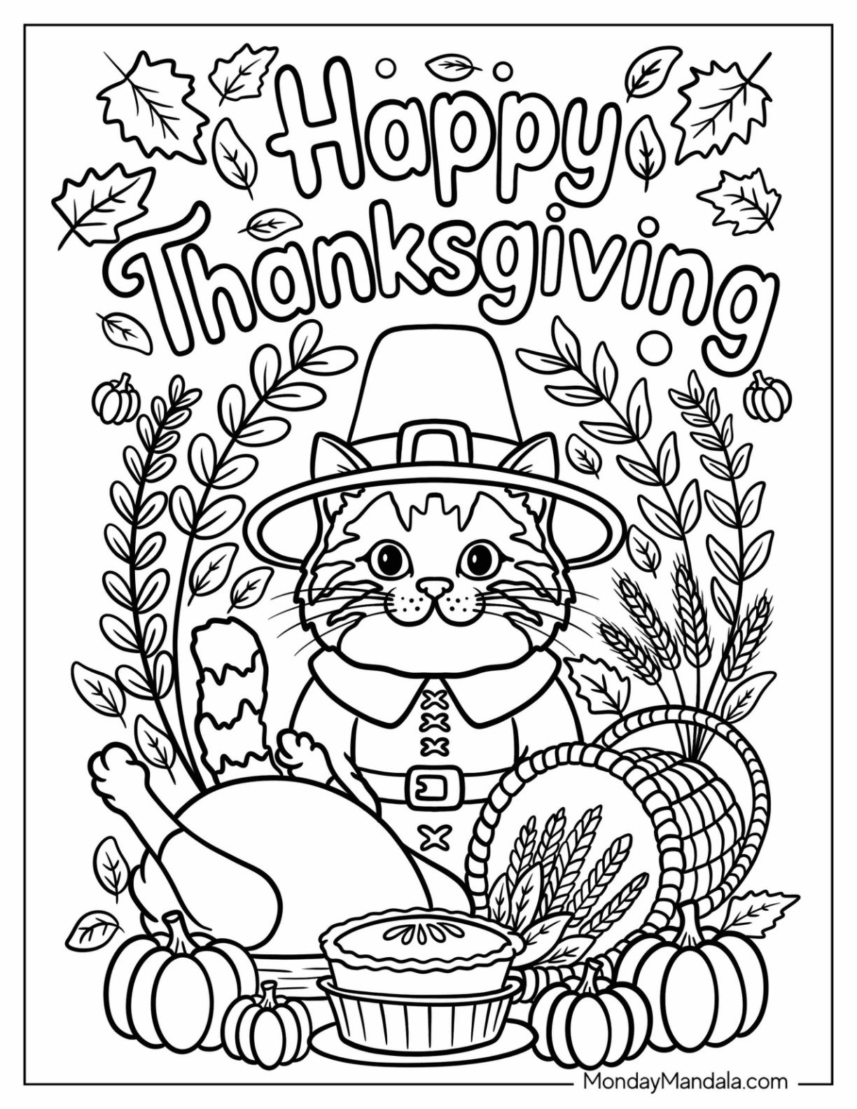 Thanksgiving Coloring Page of Pilgrim Tabby Cat with Roasted Turkey and Cornucopia for Kids