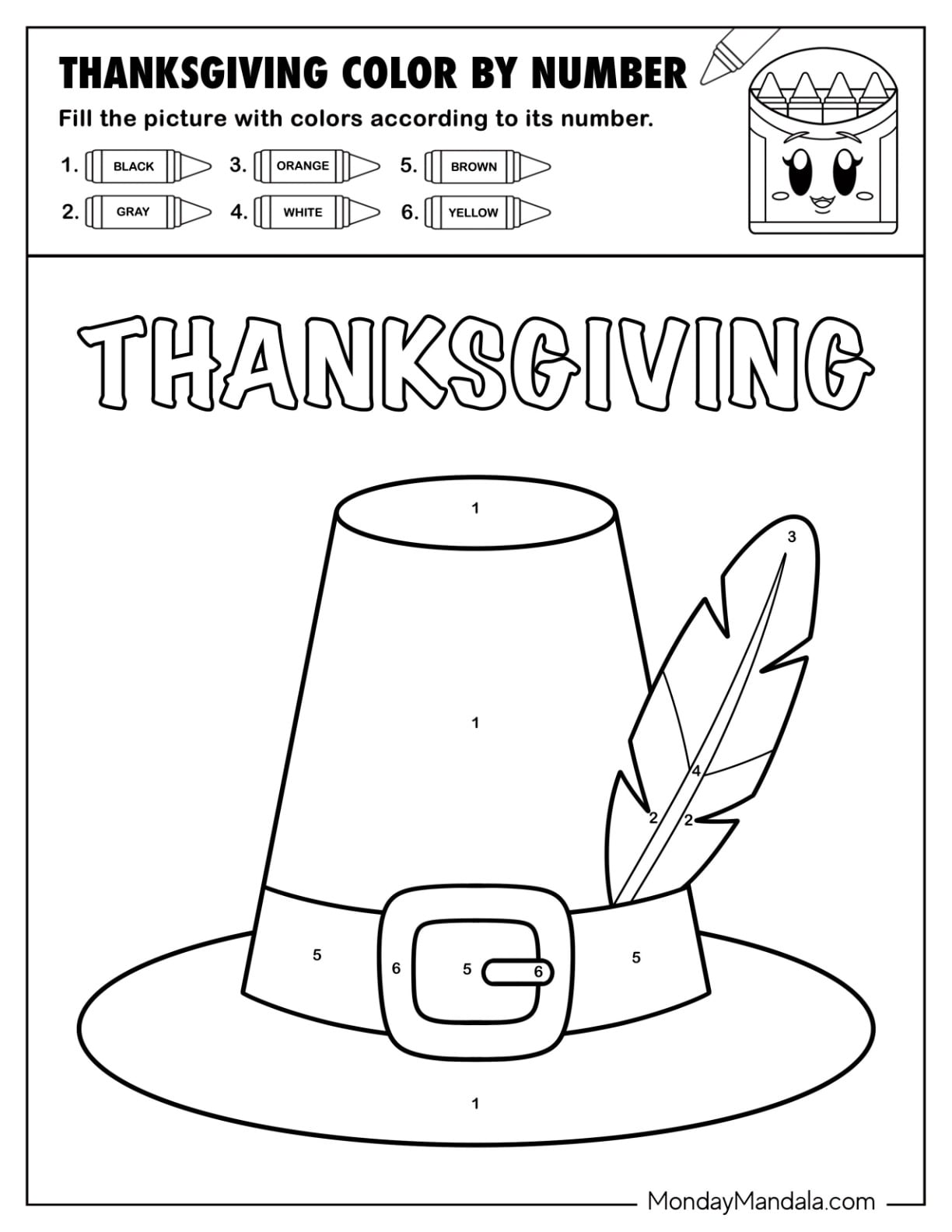 Pilgrim s Hat with Feather Thanksgiving Color by Number