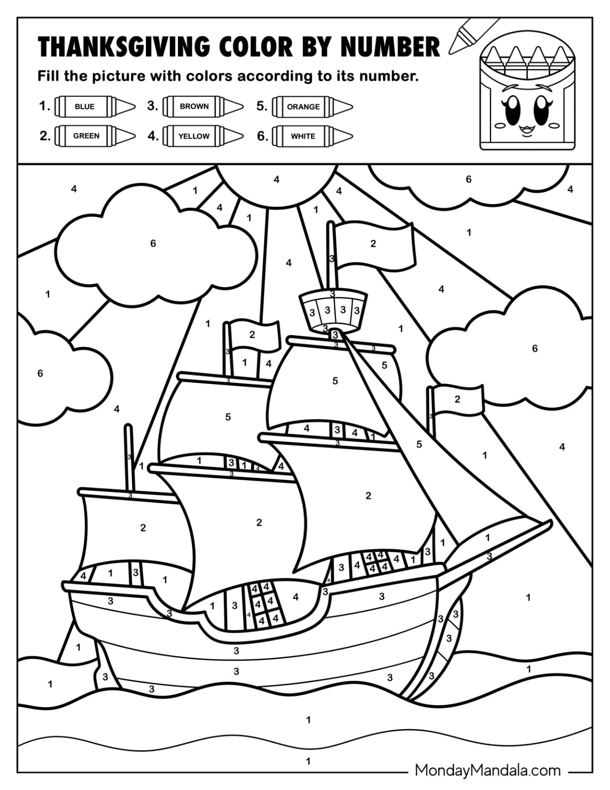Pilgrim s Ship Thanksgiving Color by Number