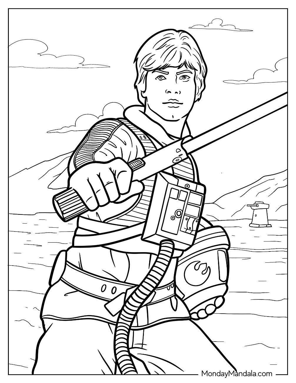 Pilot Luke Skywalker Coloring Page Holding Lightsaber