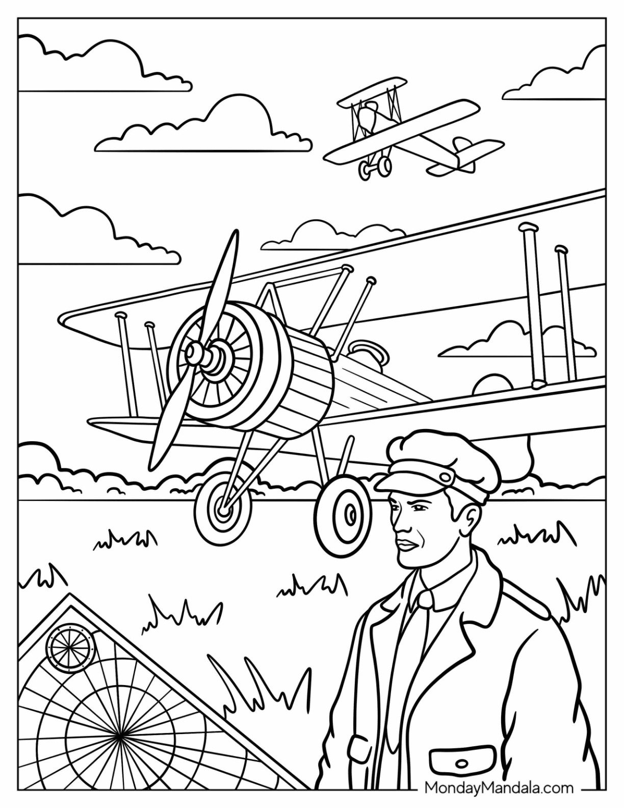Vintage Coloring Page of Pilot with Vintage Biplanes in Open Sky