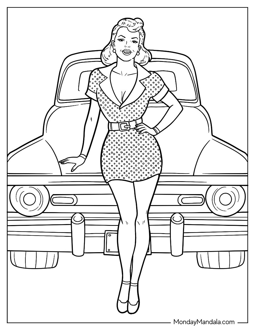 Pin Up Woman Posing in Front of a Classic Hot Rod Coloring Page