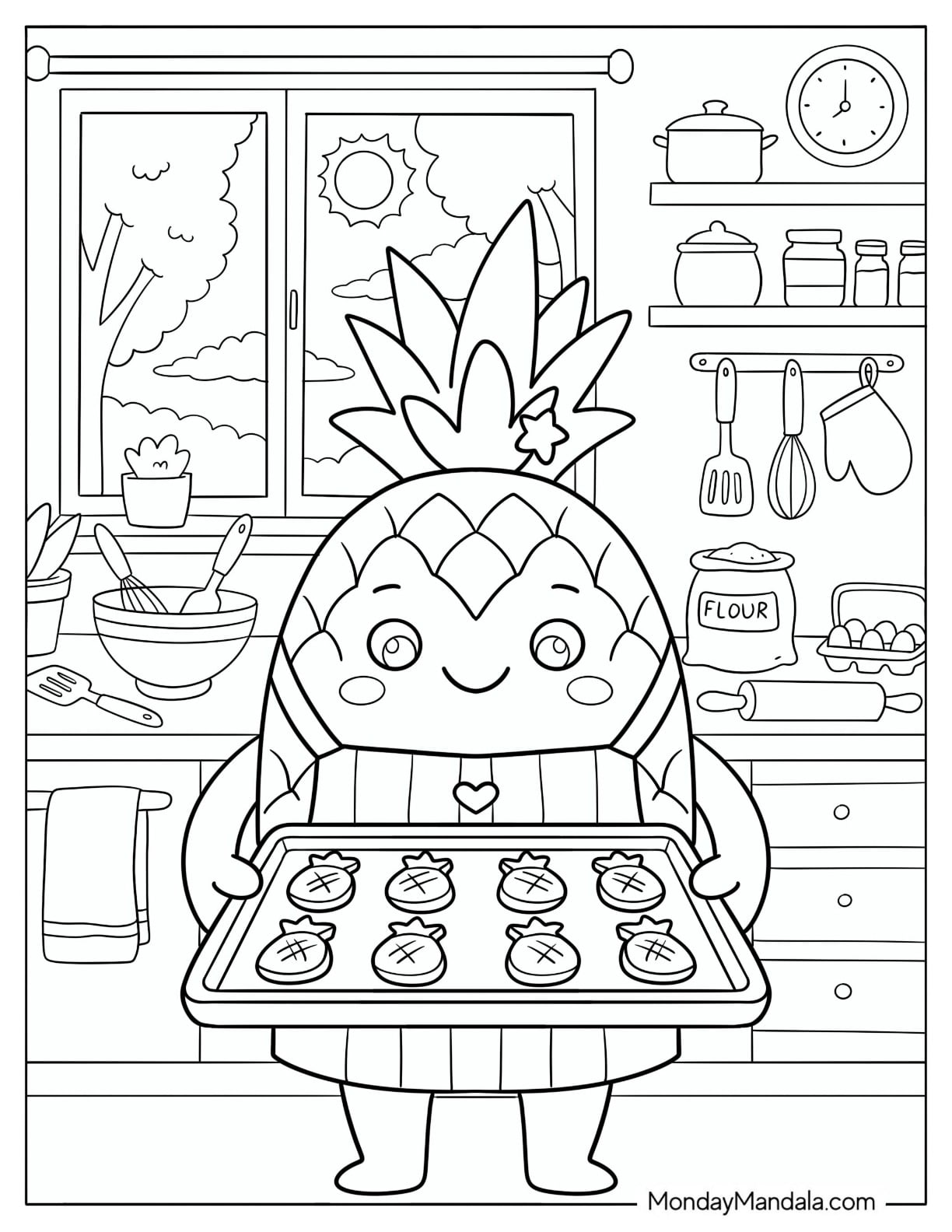 Pineapple Baking Cookies in a Kitchen Coloring Sheet