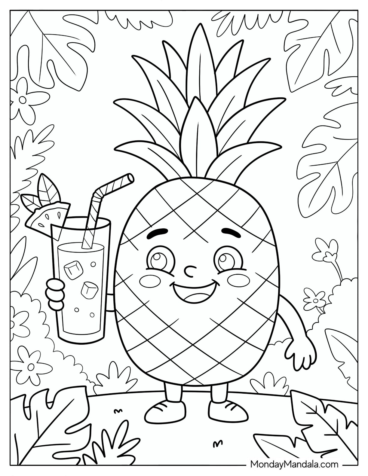 Pineapple Holding a Tropical Drink in a Jungle Coloring Sheet