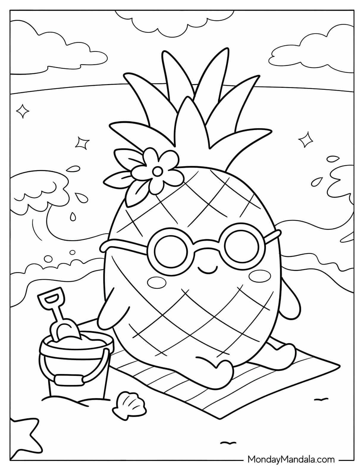 Pineapple Relaxing on a Beach Towel with Sunglasses Coloring Page for Kids