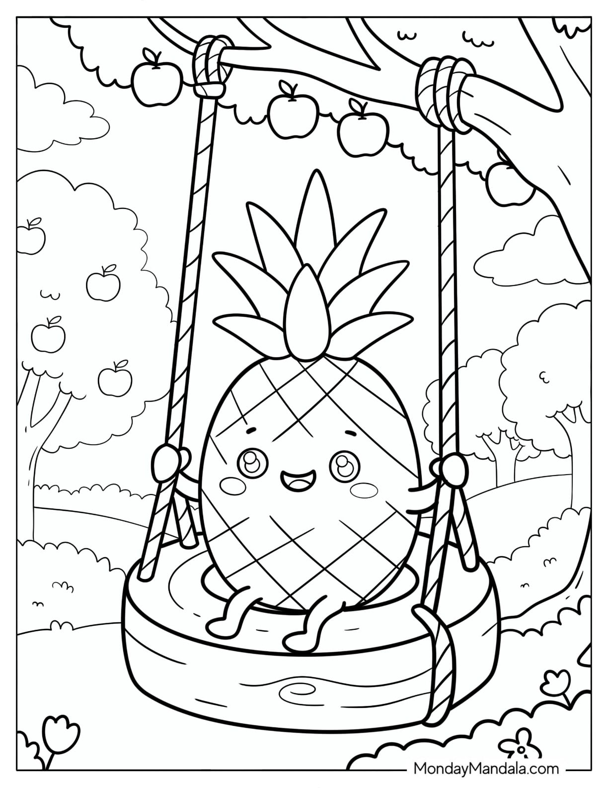 Pineapple Riding a Tire Swing in an Apple Orchard