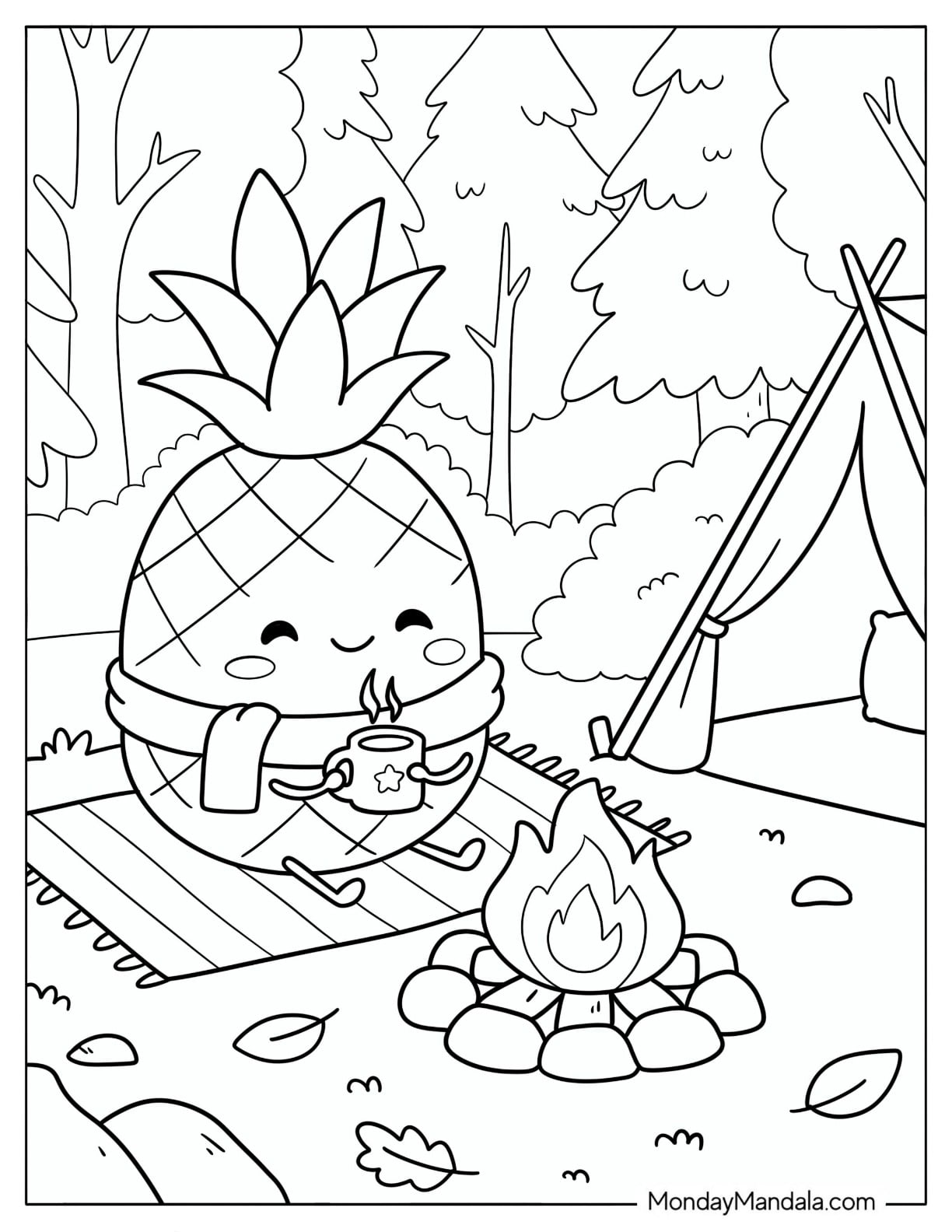 Pineapple Roasting Marshmallows Beside a Campfire Coloring Sheet