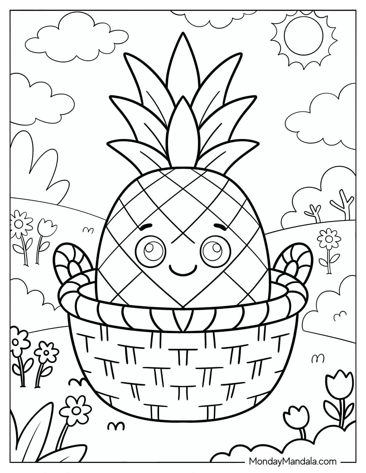 Pineapple Sitting in a Basket in a Flower Garden Coloring Sheet