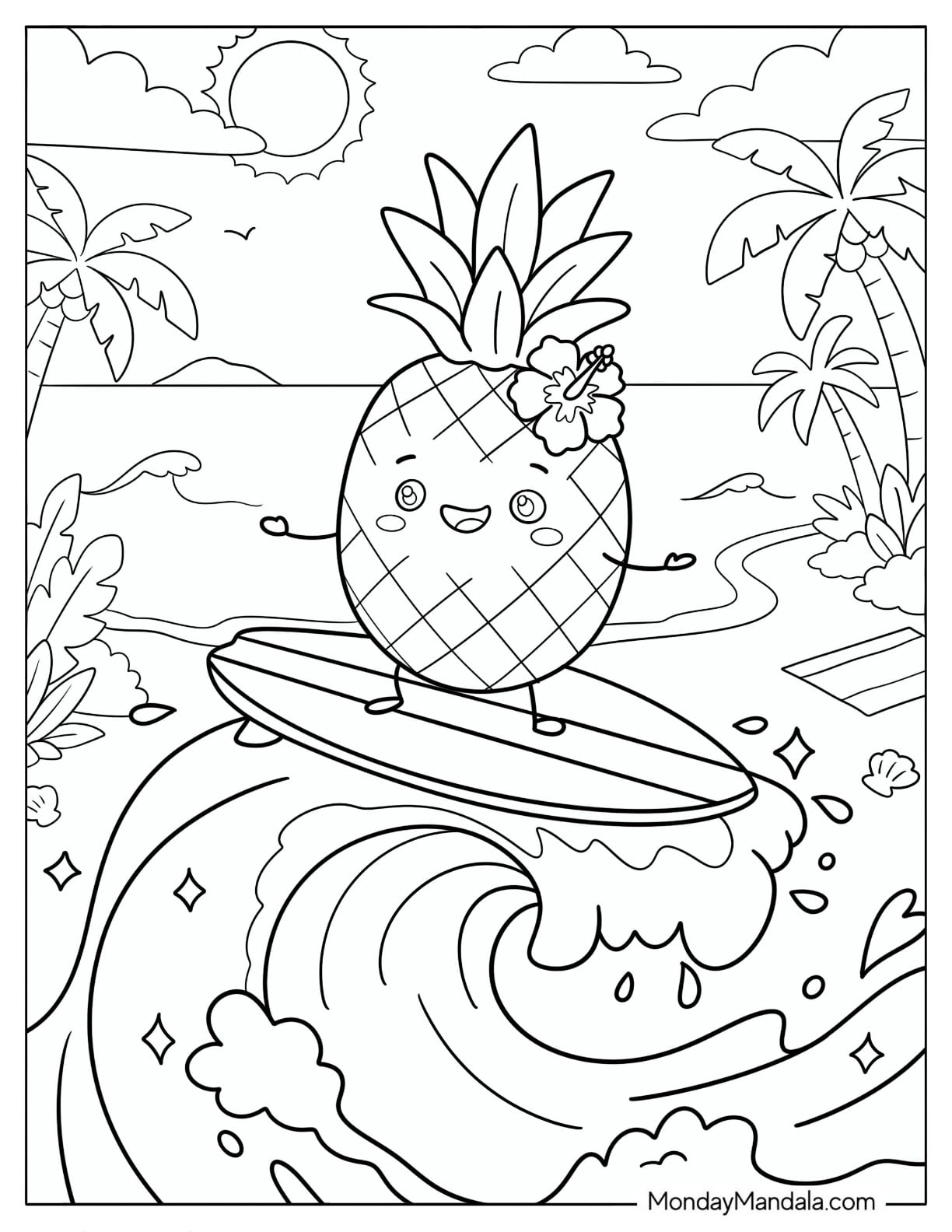 Pineapple Surfing a Tropical Ocean Wave Coloring Page