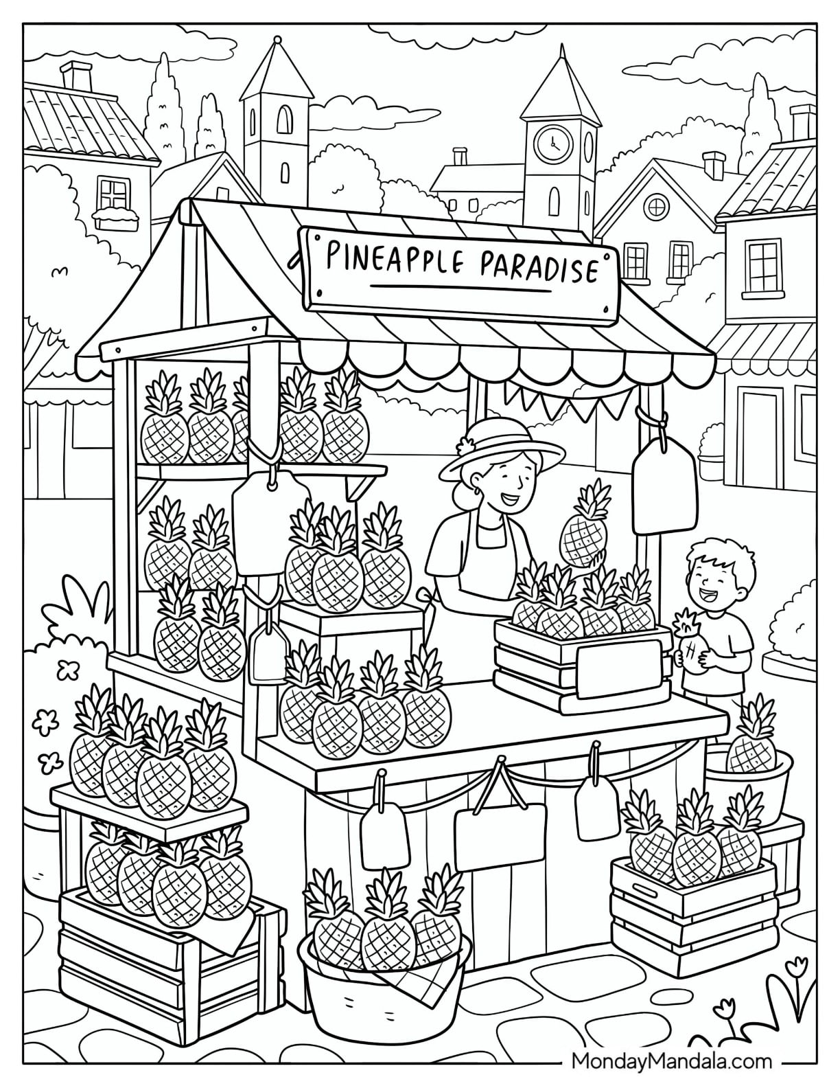 Pineapple Vendor Selling Fresh Fruit at a Village Market Coloring Sheet