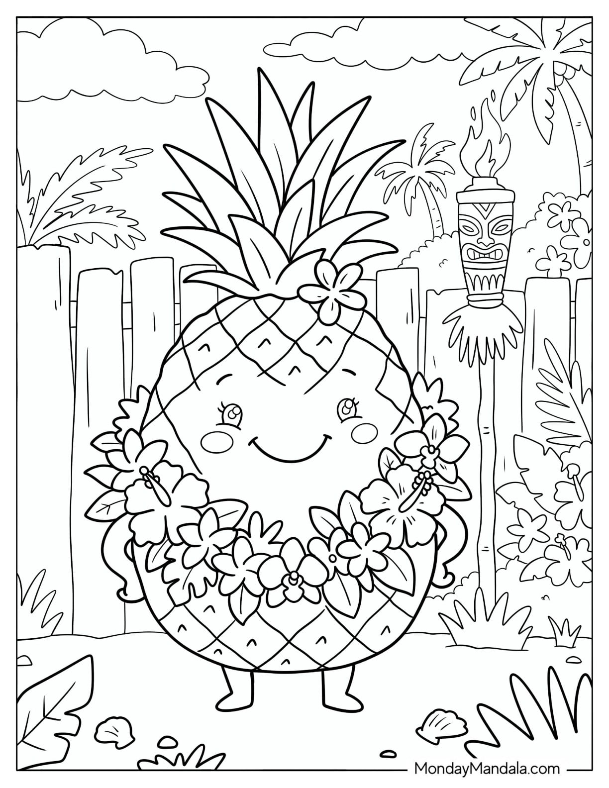 Pineapple Wearing a Flower Lei in a Tropical Garden Coloring Page