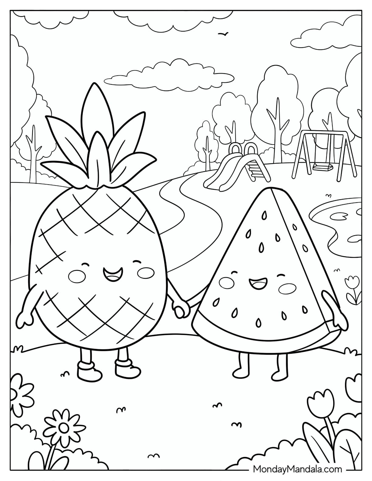 Pineapple and Watermelon Holding Hands in a Park Coloring Sheet