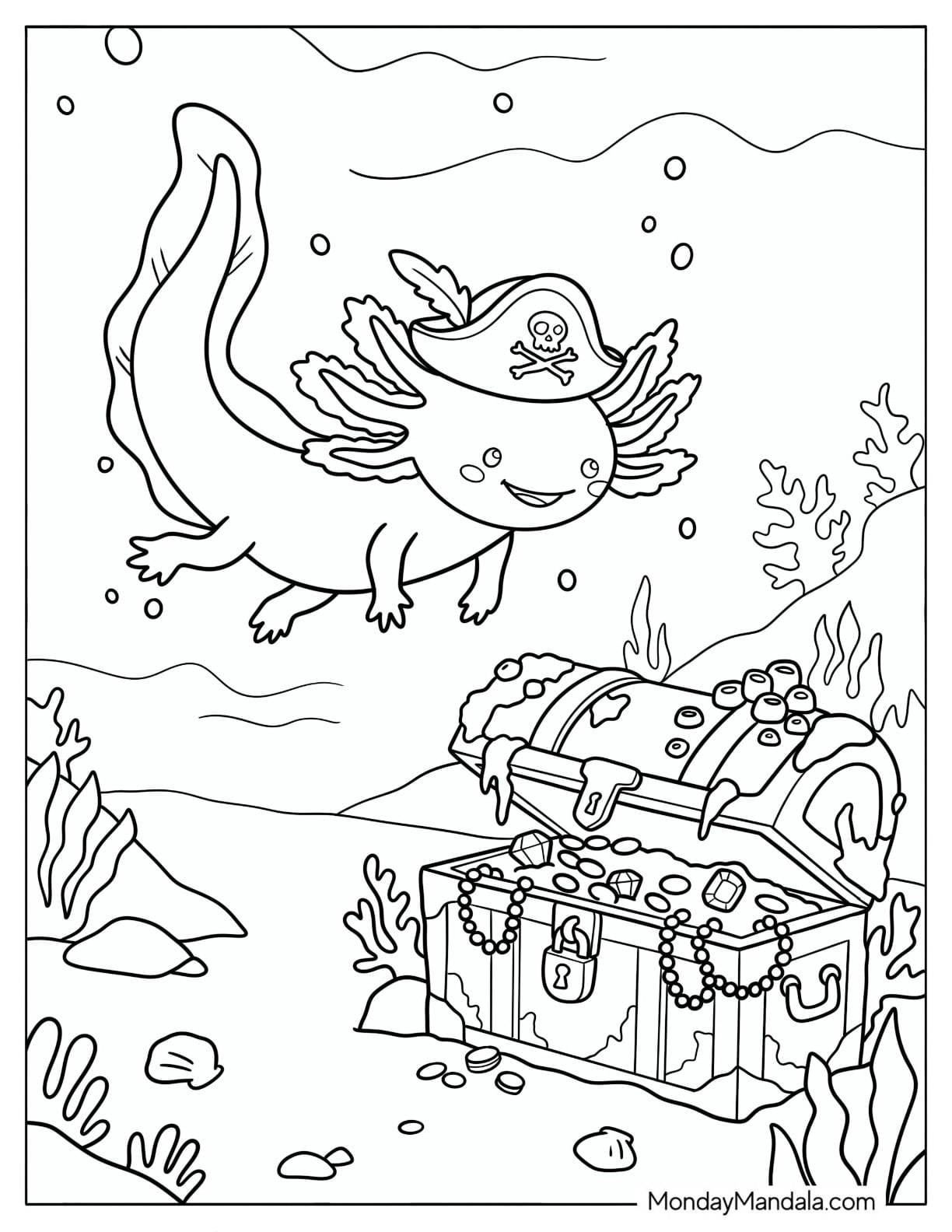 Pirate Axolotl Discovering an Underwater Treasure Chest Coloring Page