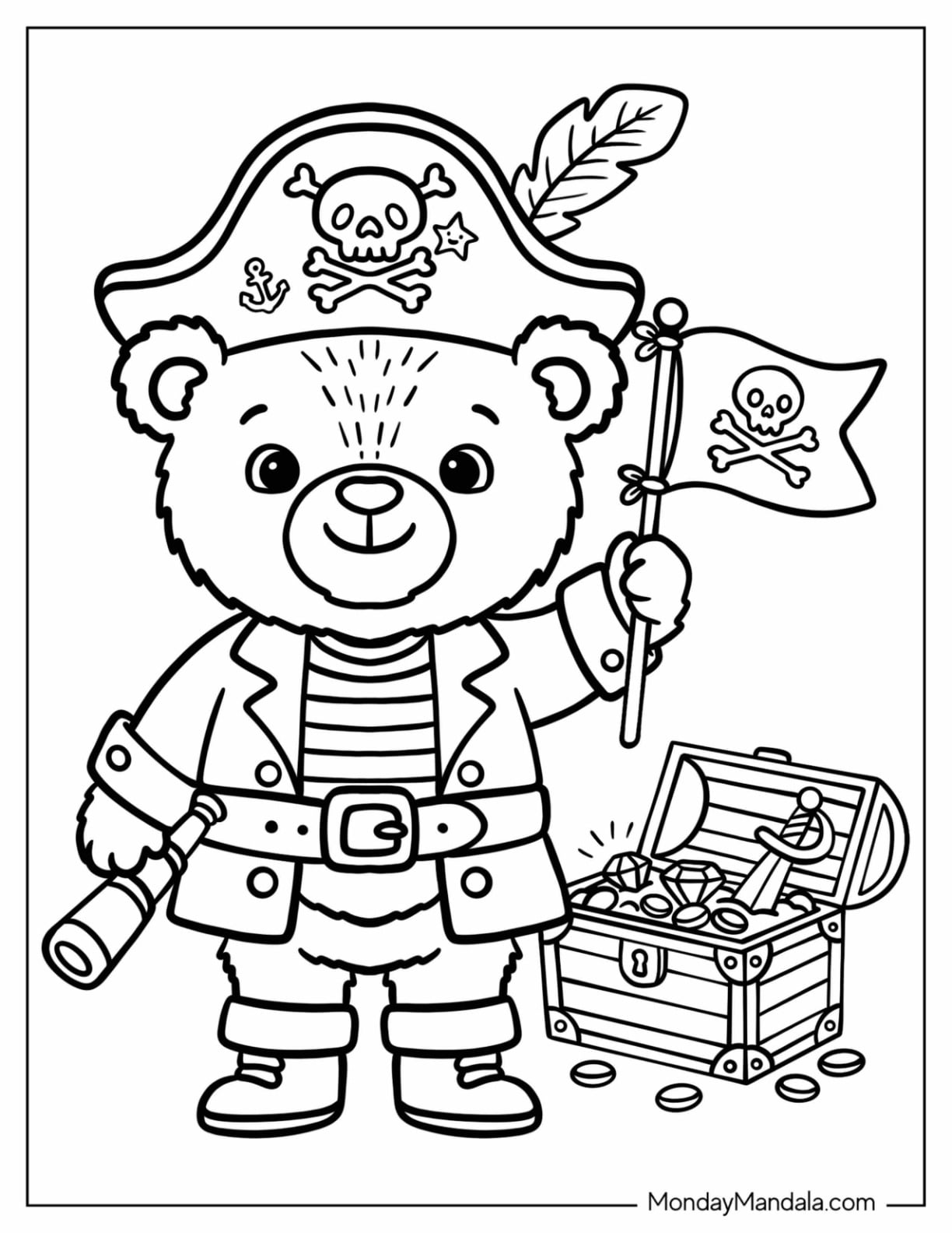 Pirate Bear Holding a Flag Beside a Treasure Chest Coloring Page for Kids