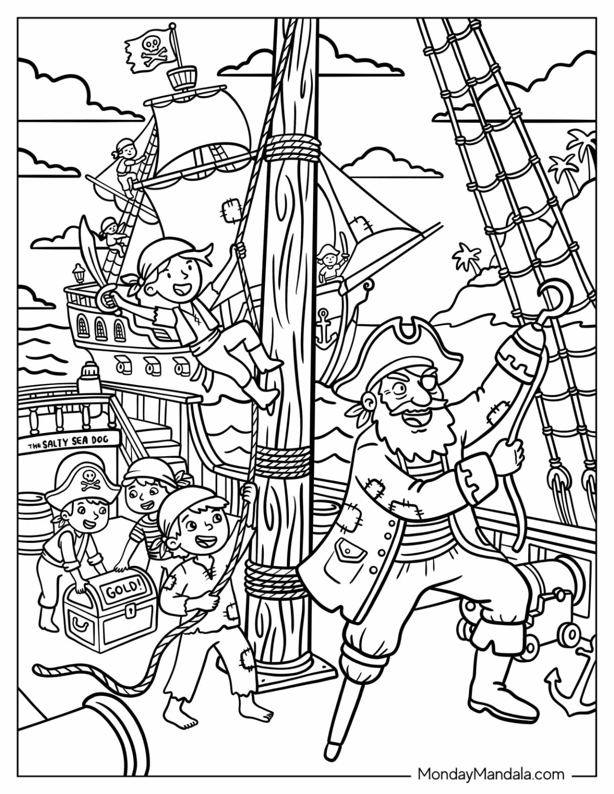 Pirate Captain Guarding Treasure Aboard a Sailing Ship Coloring Page