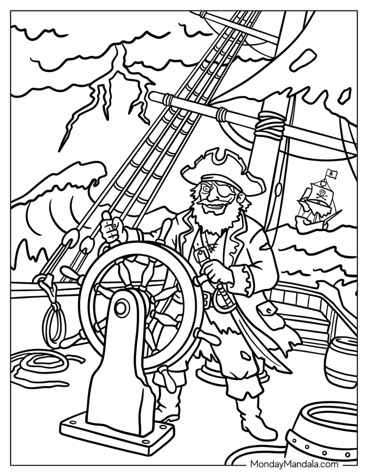 Pirate Captain Steering a Ship Through a Storm Coloring Page
