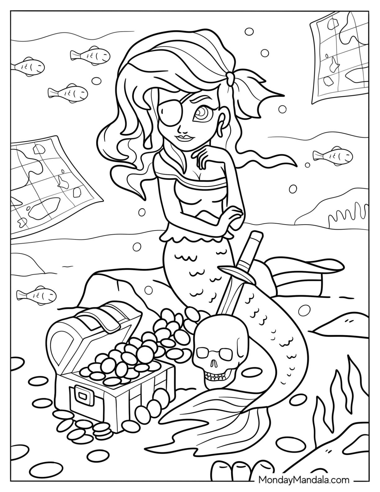 Pirate Mermaid Coloring Page with Eyepatch Sitting Next to Treasure Chest, Dagger, and Skull