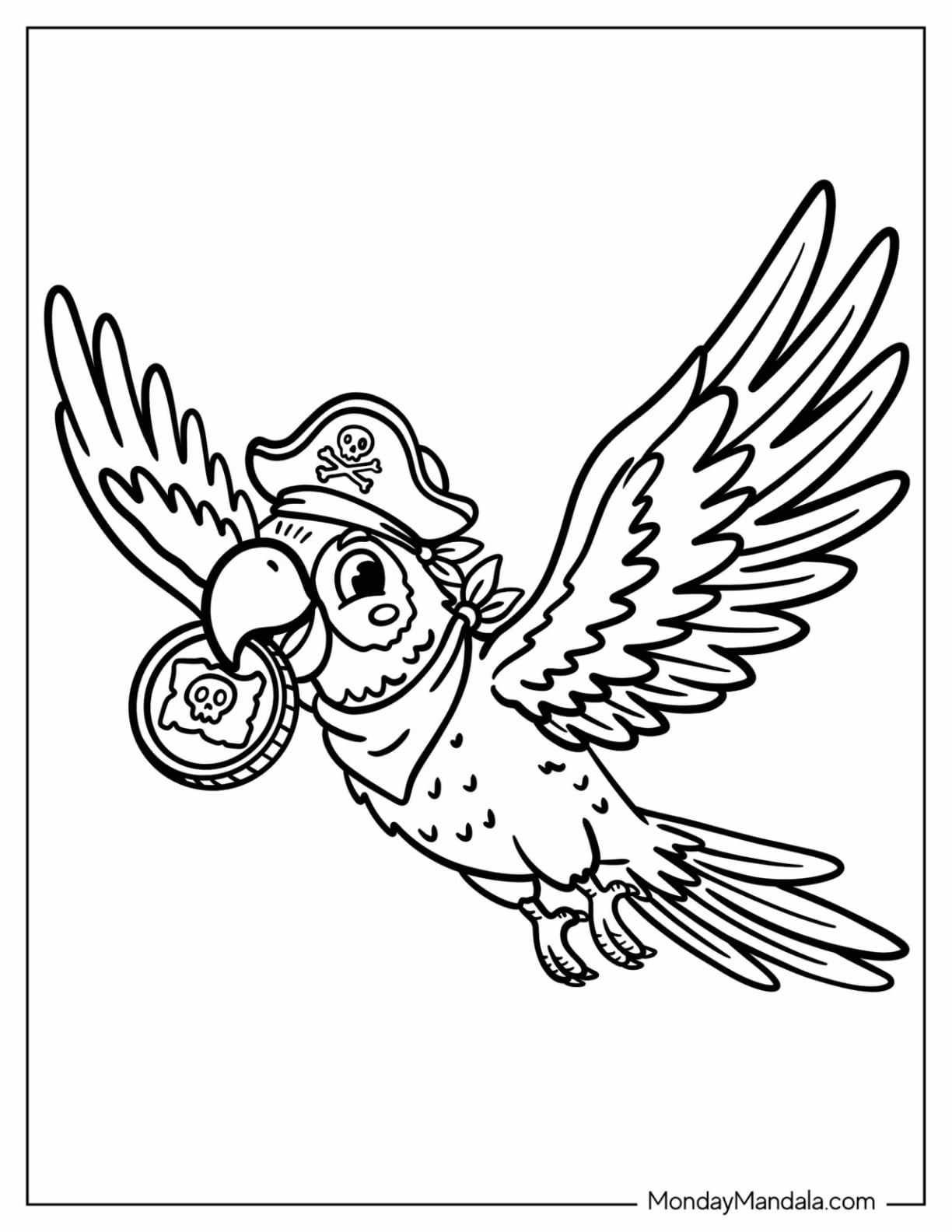 Pirate Parrot Flying with a Gold Coin Coloring Page for Kids