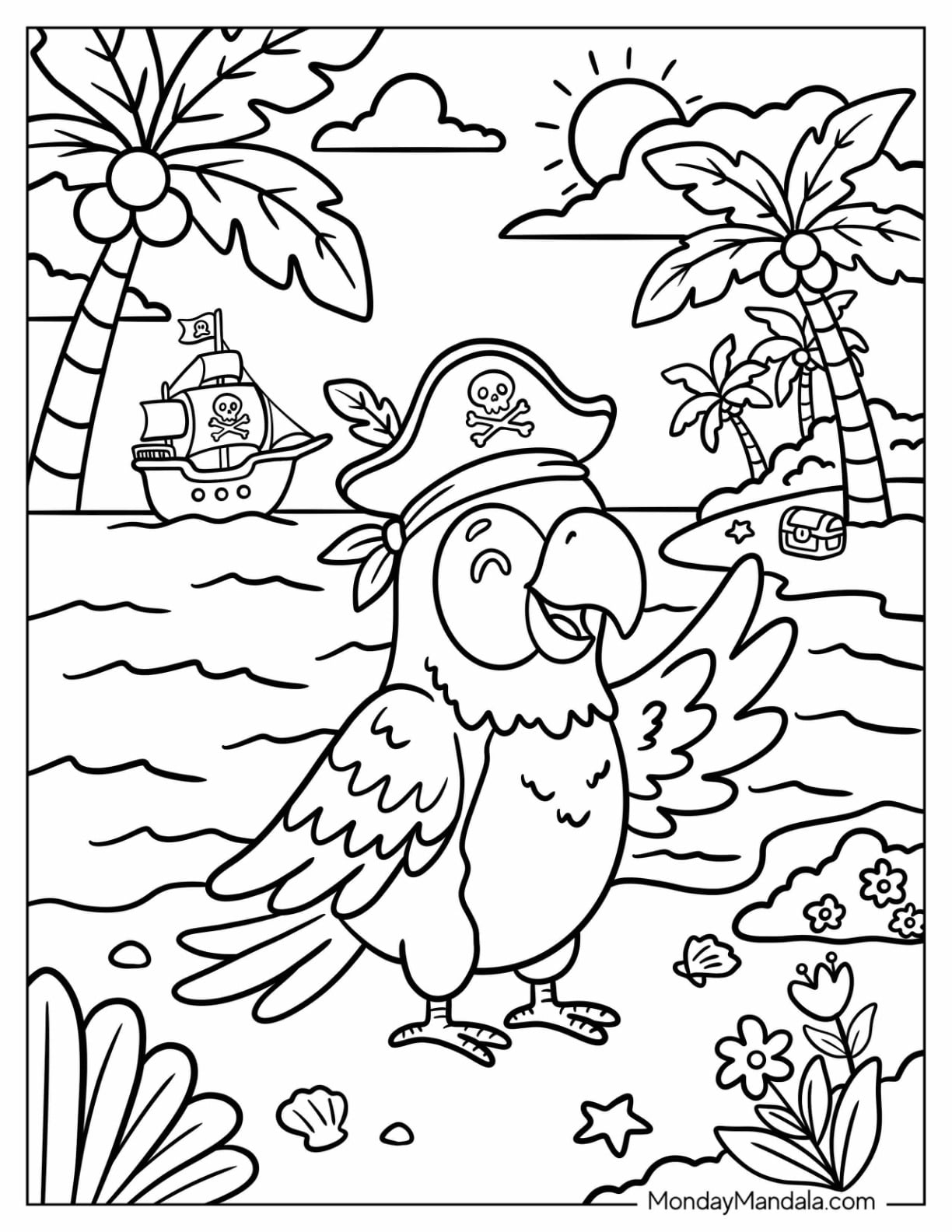 Pirate Parrot Waving on a Tropical Beach Coloring Page