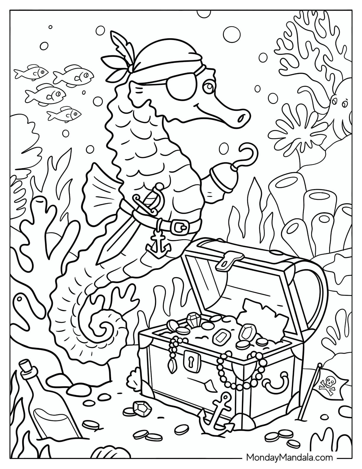 Pirate Seahorse with a Treasure Chest Coloring Page for Kids