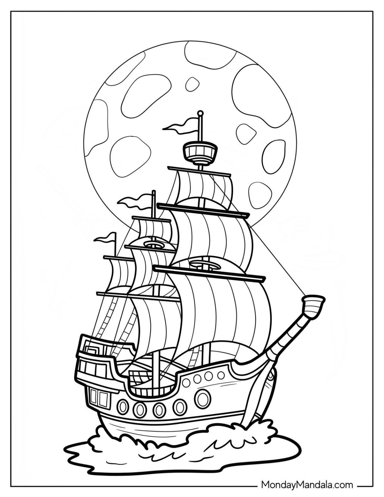 Pirate Ship Sailing Past Full Moon Coloring Page