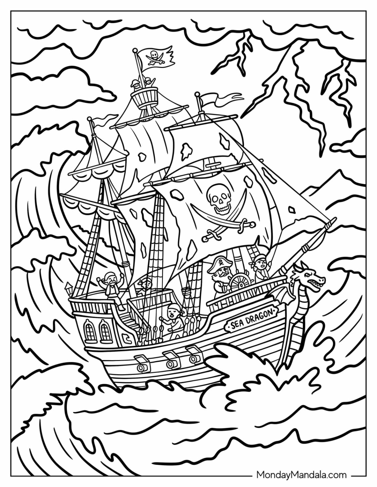 Pirate Ship Sailing Through Giant Storm Waves Coloring Sheet
