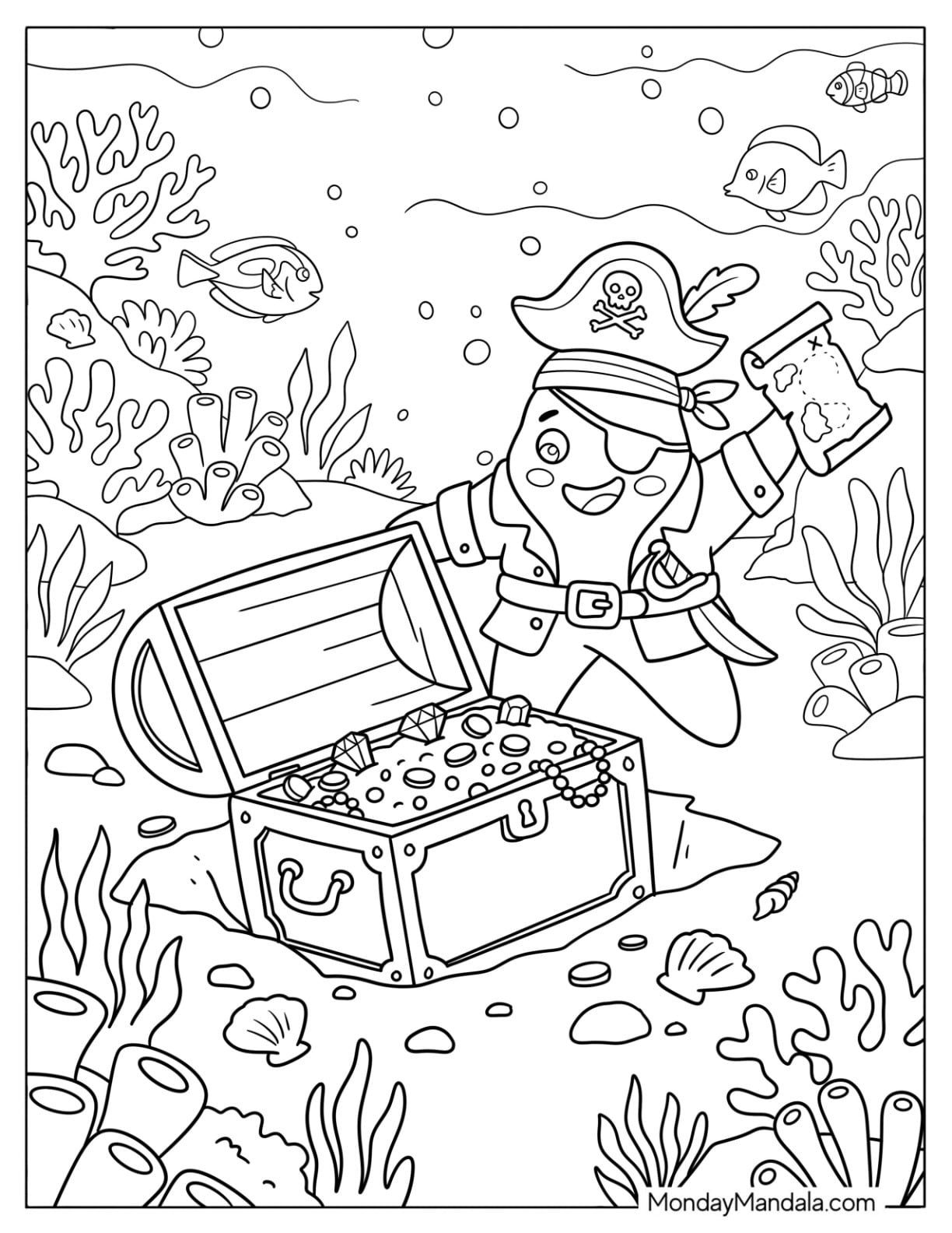 Pirate Starfish Discovering a Treasure Chest Coloring Page