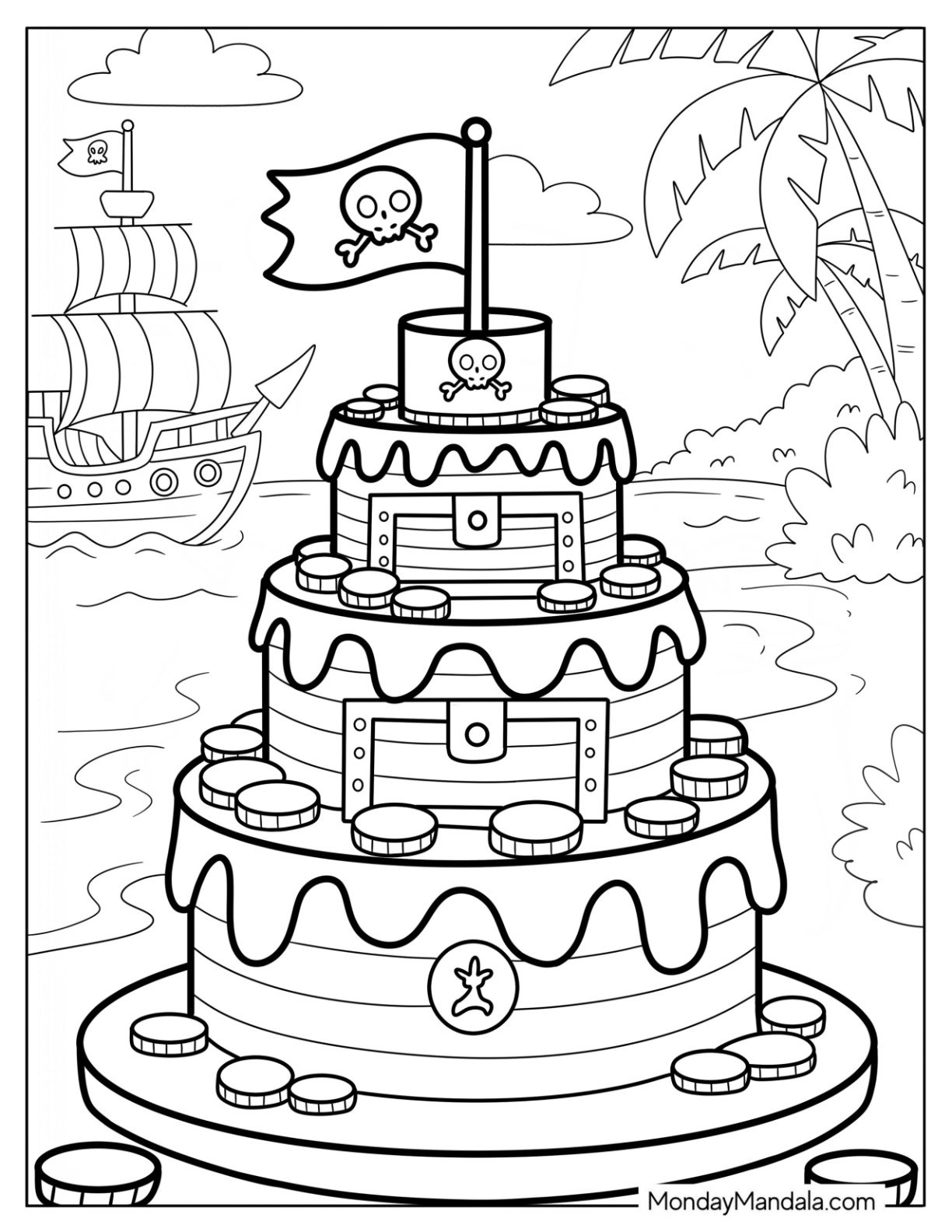 Pirate Themed Cake Coloring Page with Cold Coins and Skull Flag on Beach