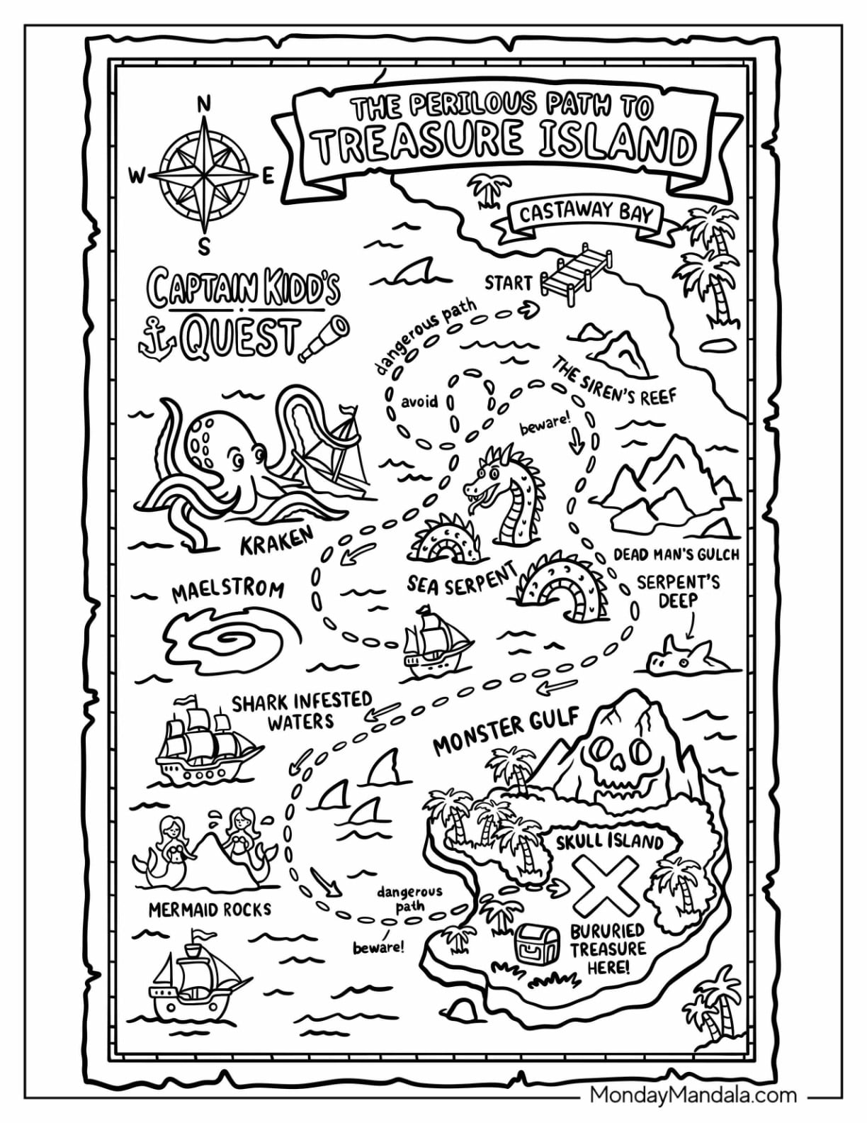 Pirate Treasure Map Filled with Sea Monsters and Hidden Dangers