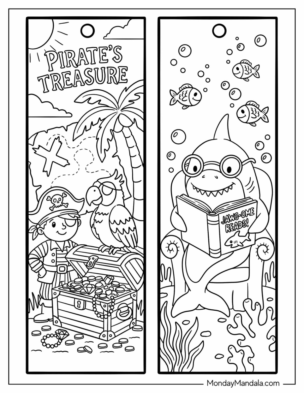 Pirate Treasure and Shark Reading Underwater Coloring Page