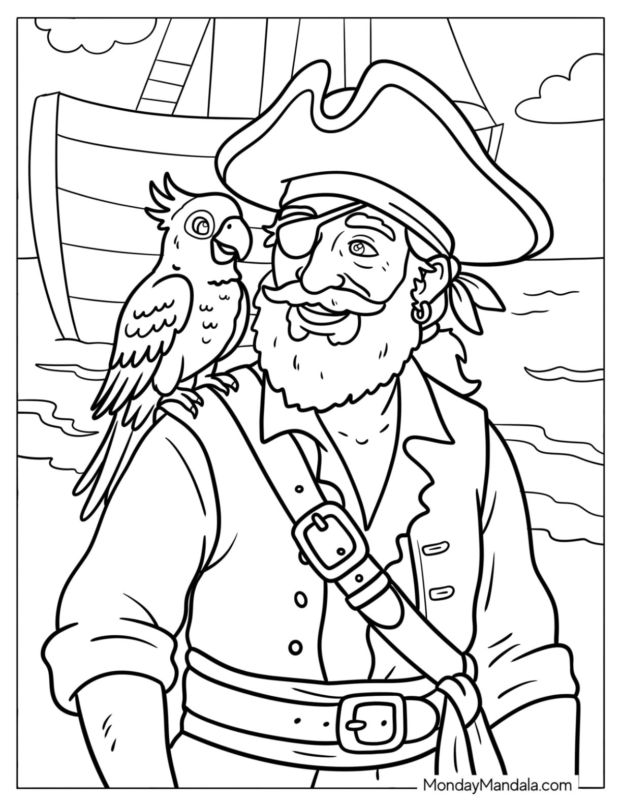 Pirate with a Macaw Parrot on His Shoulder Coloring Page