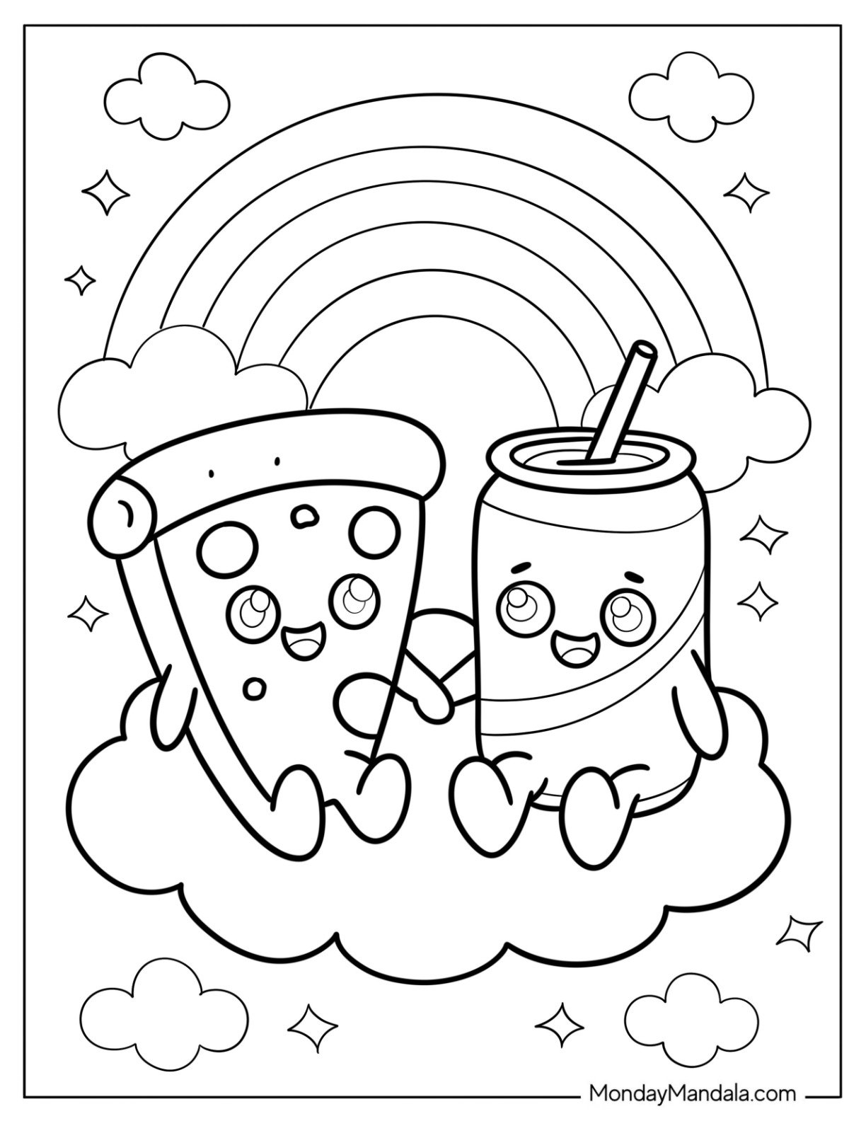 Pizza Coloring Page Slice Sitting Next to a Soda Can on a Cloud for Kids