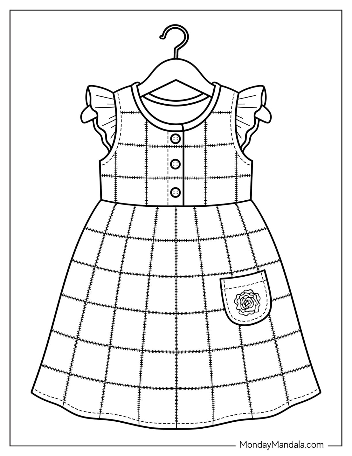 Plaid Ruffle Sleeve Dress with Floral Pocket Coloring Page for Kids