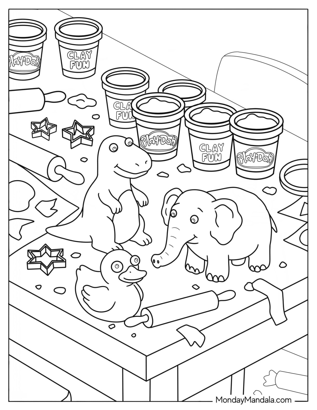 Play Doh Toy Coloring Page of Animals on a Craft Table