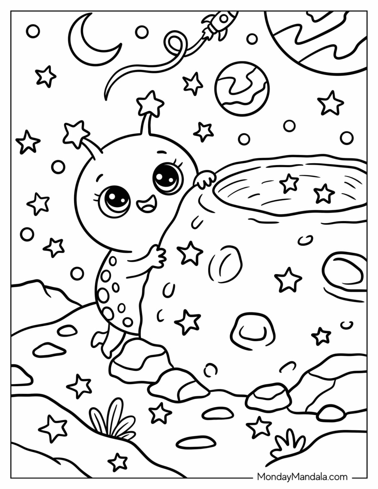 Playful Alien Climbing a Crater in Space Coloring Page for Kids