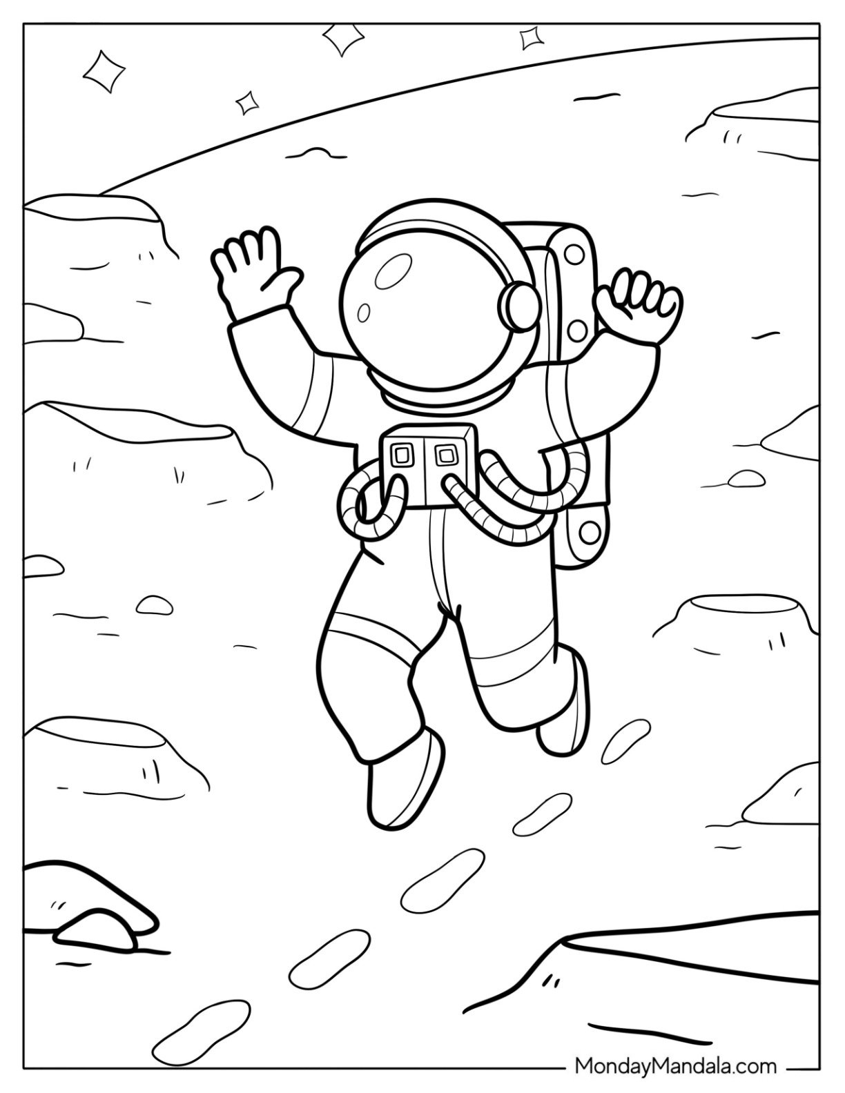 Playful Astronaut in Midair on Rocky Surface with Tracks and Craters Coloring Sheet For Kids