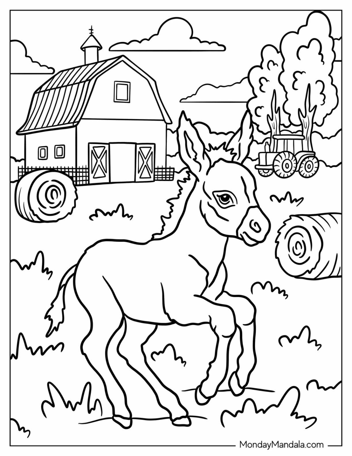 Playful Baby Donkey Coloring Page Trotting Among Hay Bales on the Farm