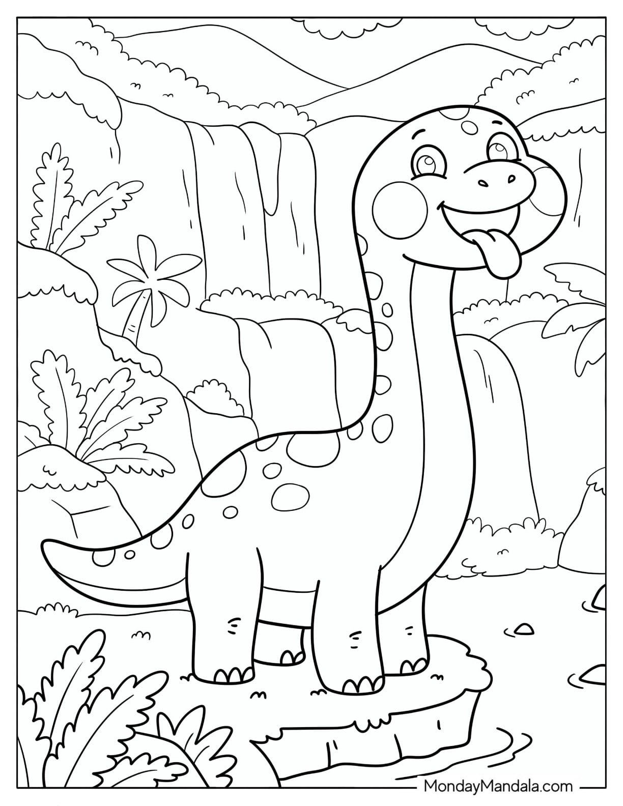 Playful Brachiosaurus Standing Beside a Waterfall Coloring Page for Kids