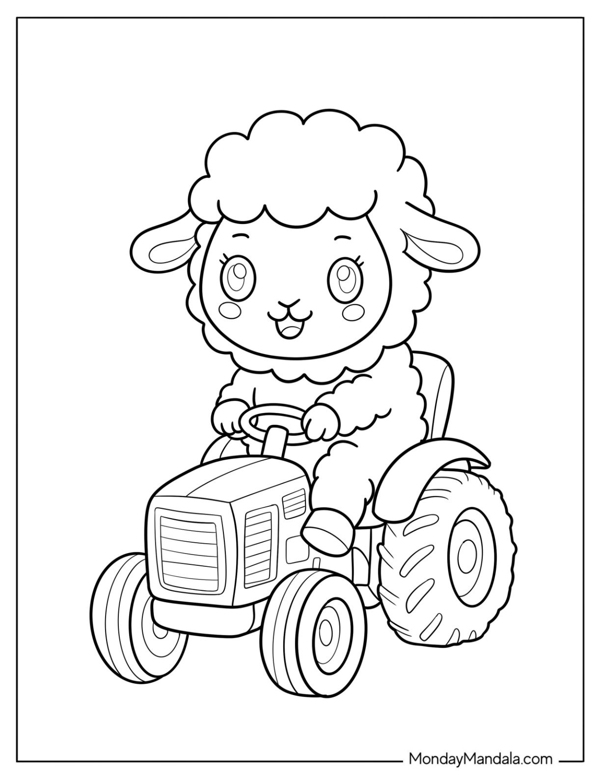 Playful Cartoon Sheep Coloring Page Driving a Farm Tractor for Preschoolers