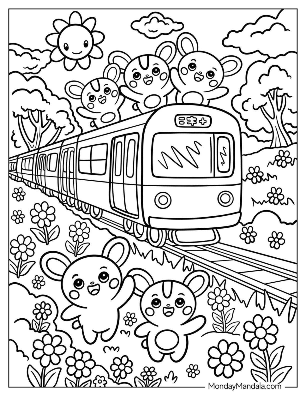 Playful Cartoon Train Coloring Page with Bunnies and Bears in the Forest for Kids