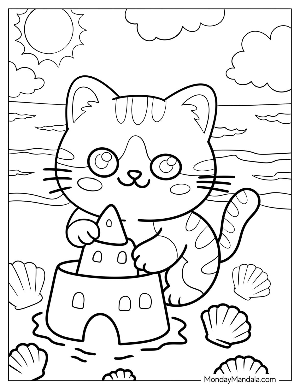 Playful Cat Coloring Page Building a Sandcastle by the Beach