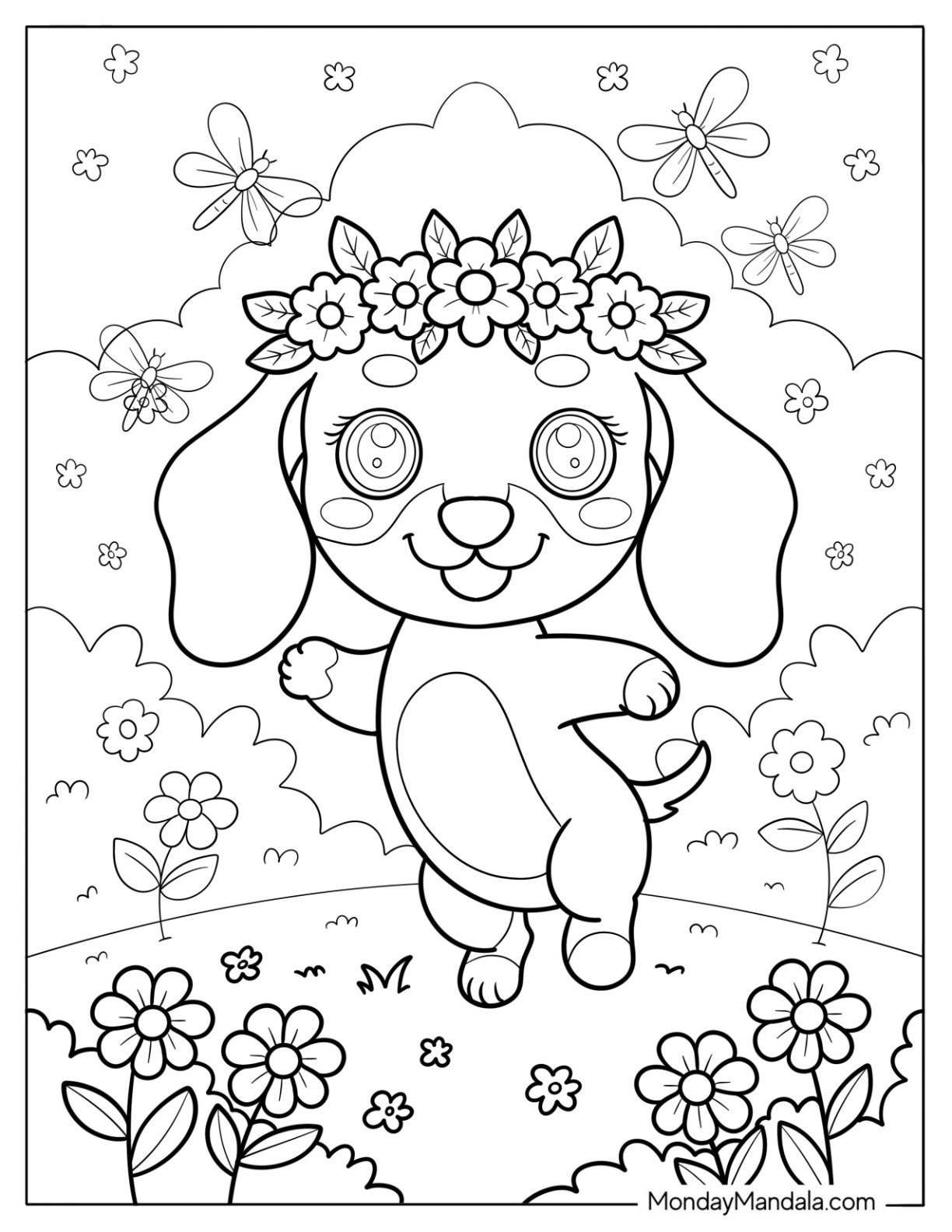 Playful Dachshund Dancing in Garden Wearing Flower Crown and Big Smile Coloring Sheet for Kids
