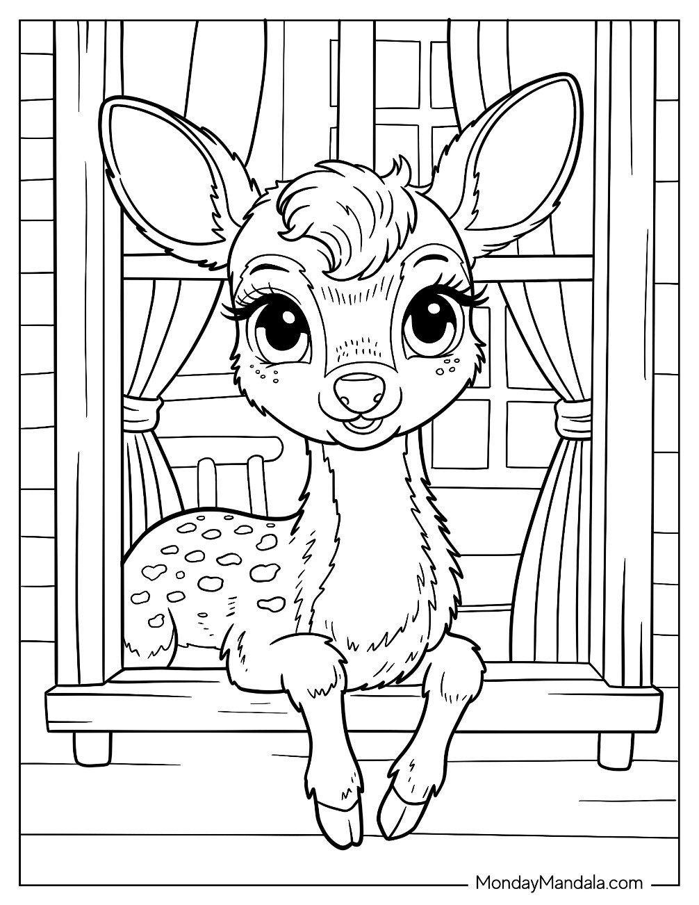 Playful Deer Coloring Page Resting on a Windowsill