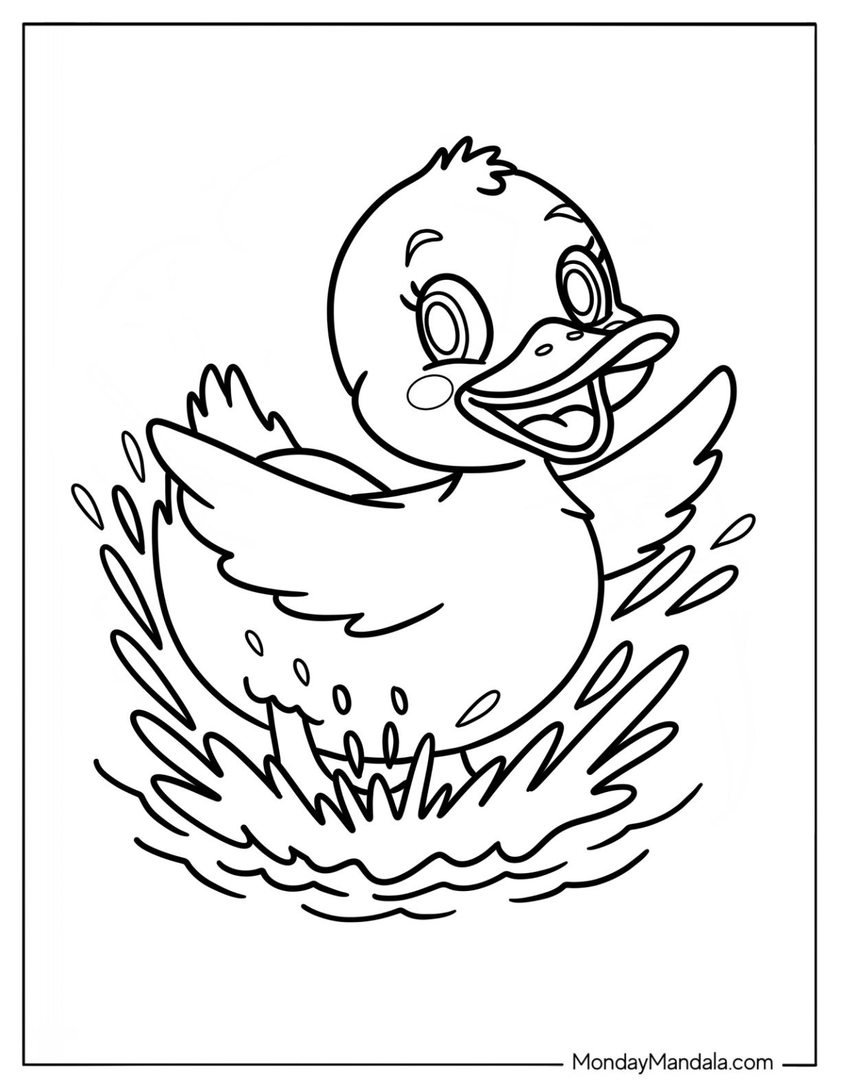 Playful Duck Splashing in Water Coloring Sheet For Preschoolers